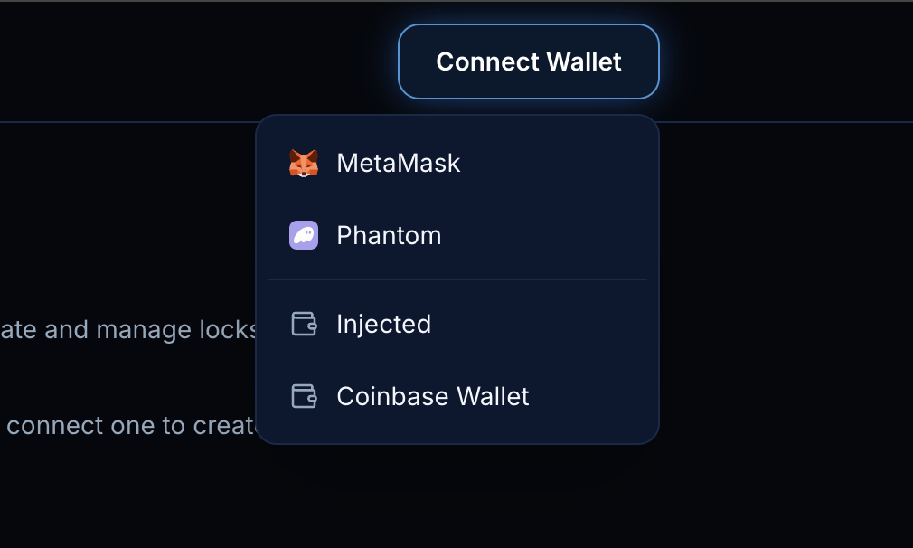 Connect Wallet dropdown listing MetaMask and Phantom first, then Injected and Coinbase Wallet