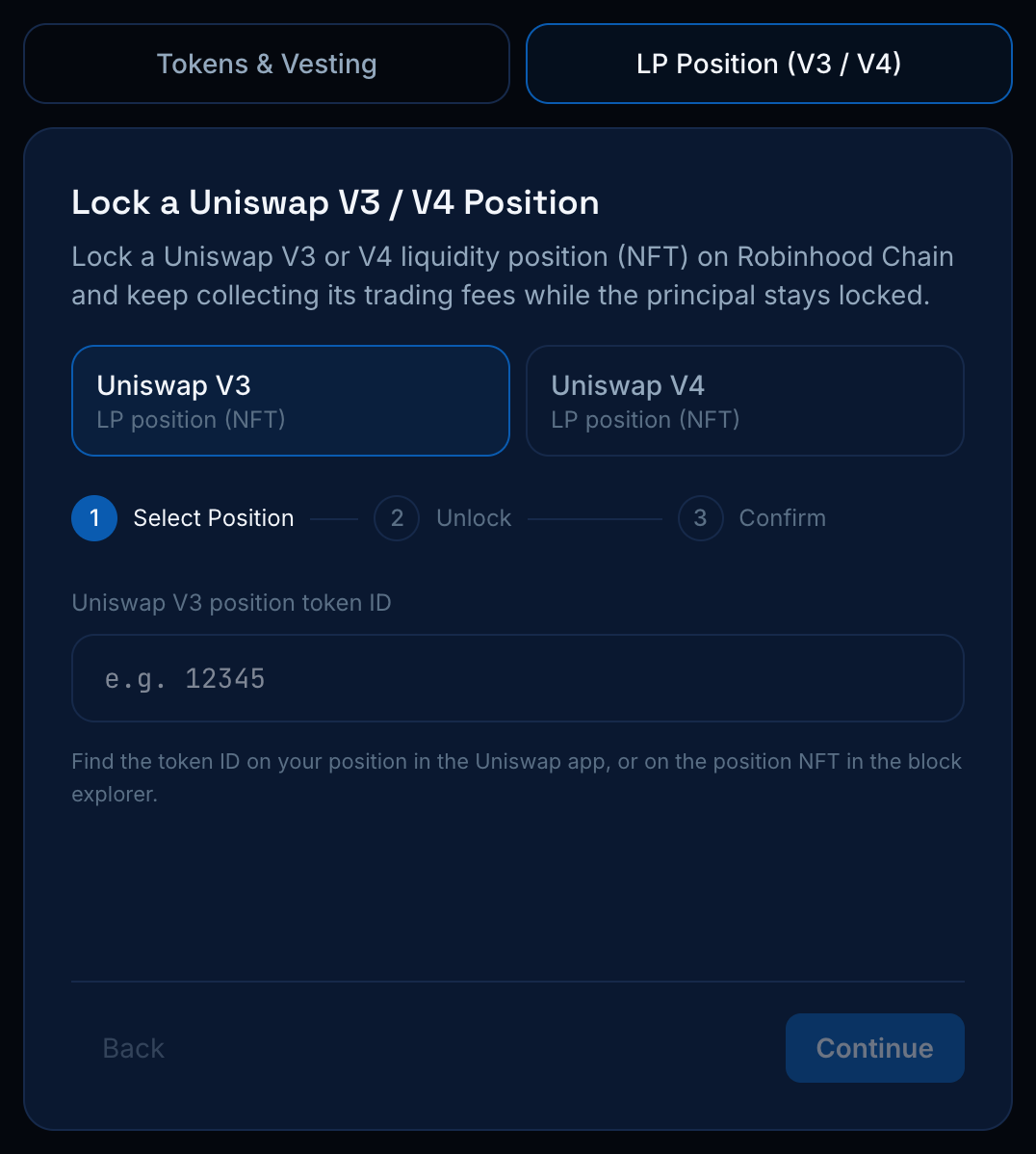 LP Position tab: choose Uniswap V3 or V4 and enter the position NFT token ID