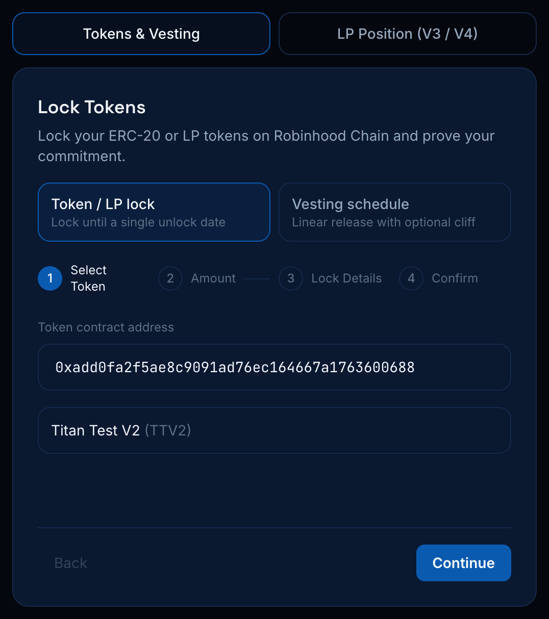 Create panel with the Tokens & Vesting / LP Position tabs, the Token / LP lock vs Vesting selector, and step 1 showing a resolved token