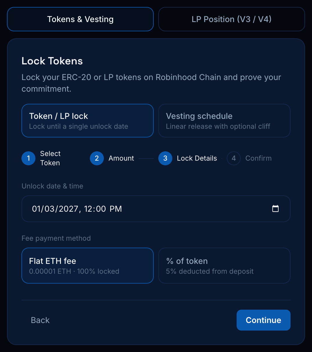 Step 3: unlock date/time and fee payment method