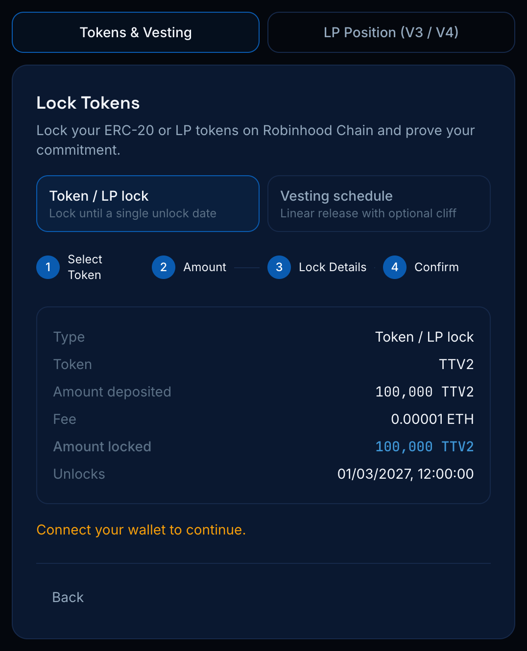 Step 4: confirm screen with lock summary