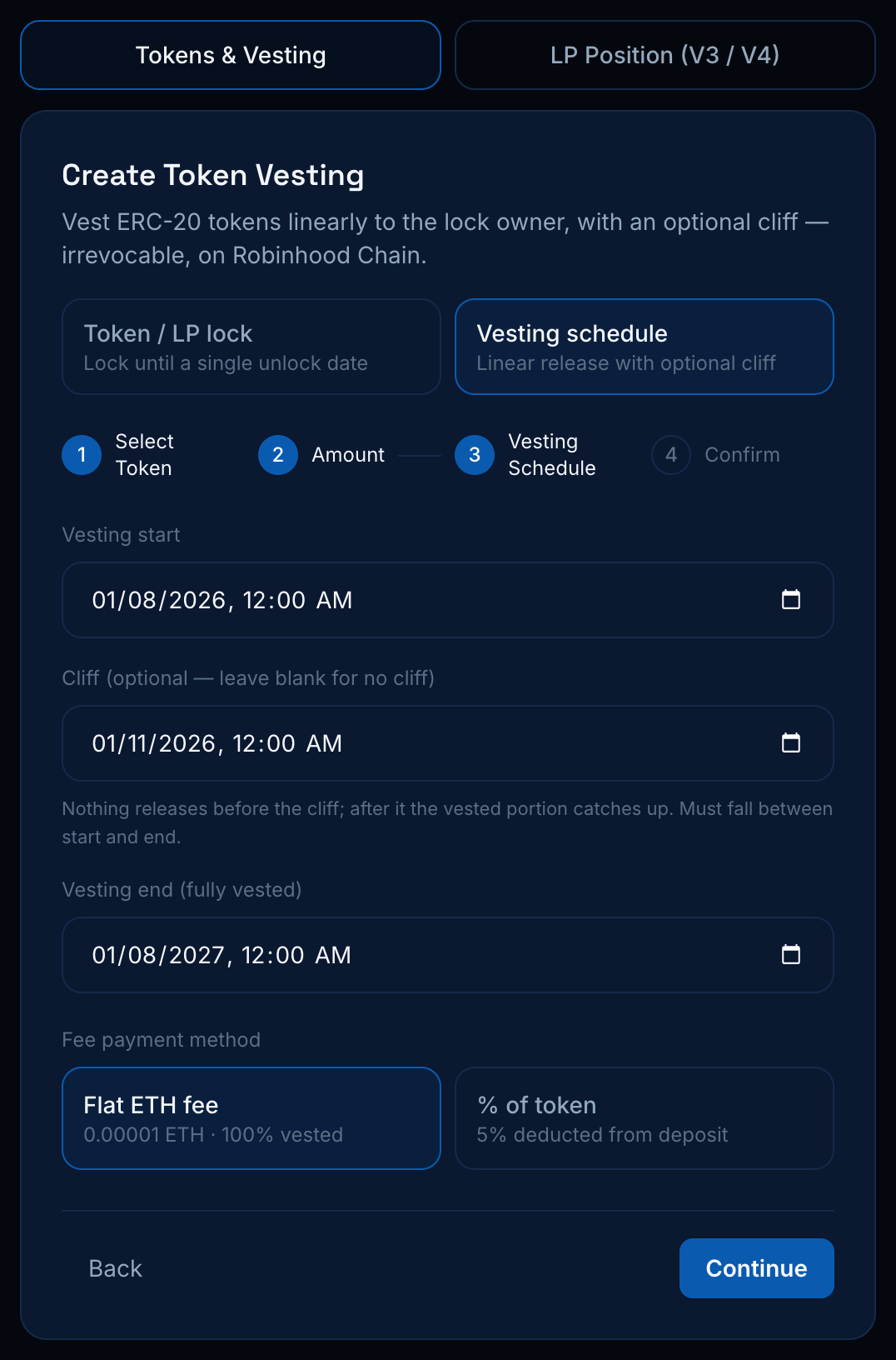 Vesting schedule step: start, optional cliff, and end date fields, plus the fee method