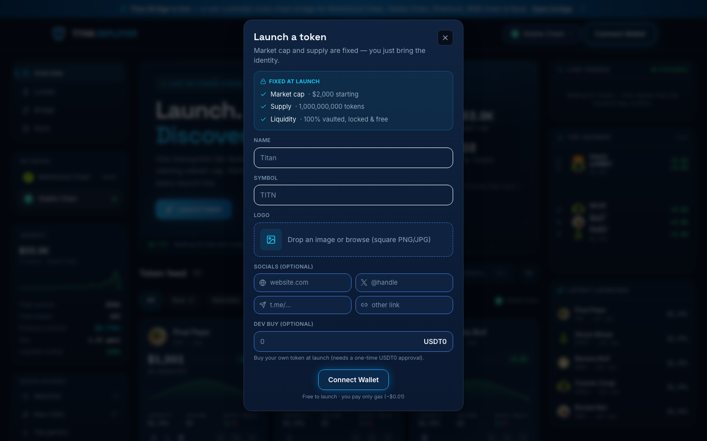 Titan Launch 'Launch a token' form showing the fixed terms — $2,000 starting market cap, 1,000,000,000 supply, 100% vaulted liquidity — plus name, symbol, logo, social links, and optional dev buy fields