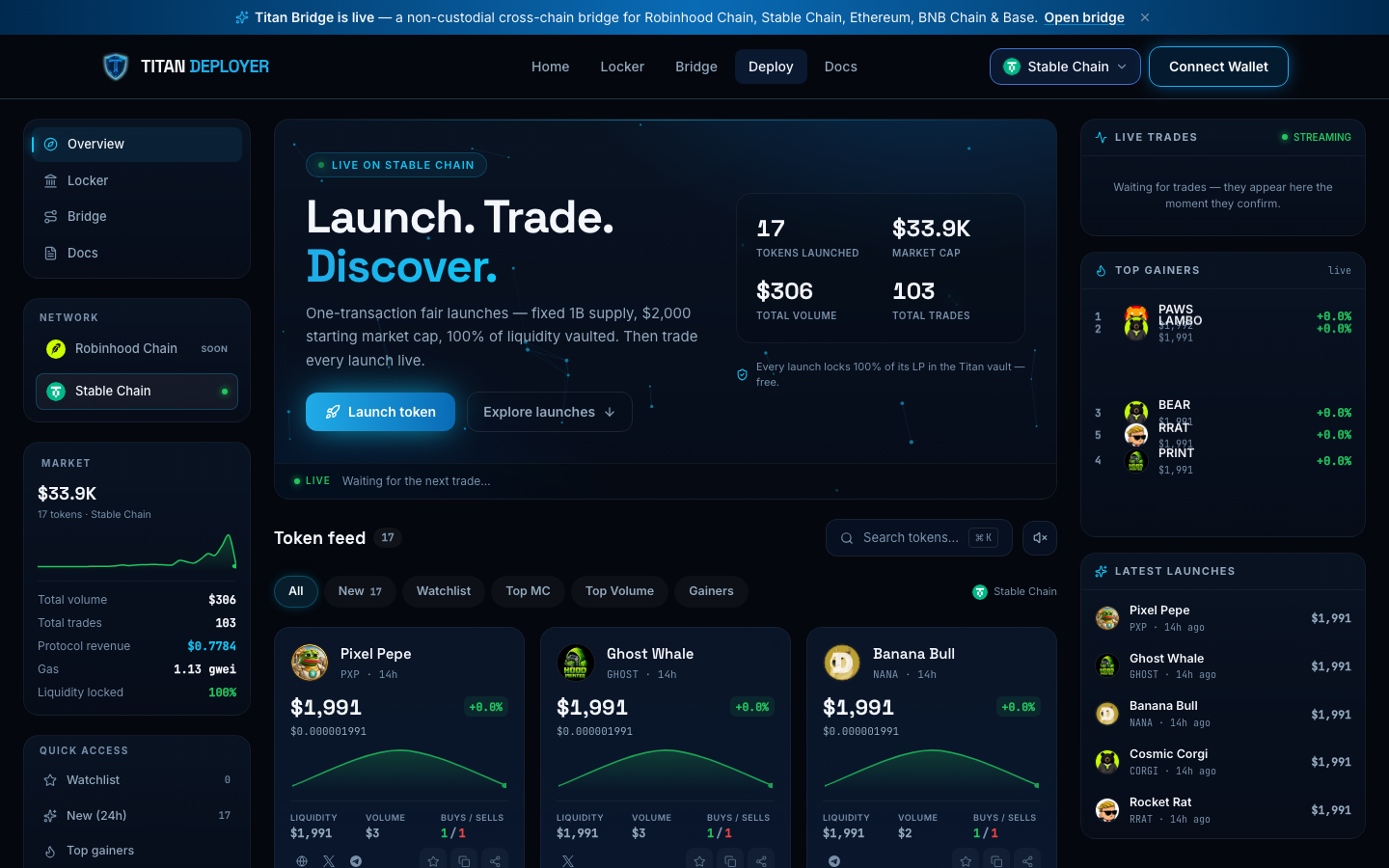 Titan Launch terminal on Stable Chain — live token feed cards with 1-second sparklines, market stats sidebar, live-trades rail, and the Launch token button